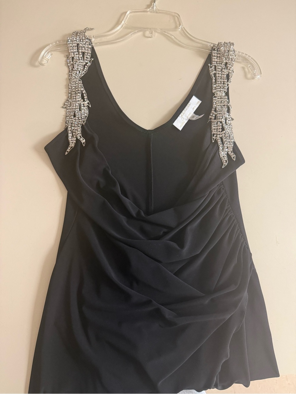 Janine Black Embellished Strap Draped Women’s Tank Top